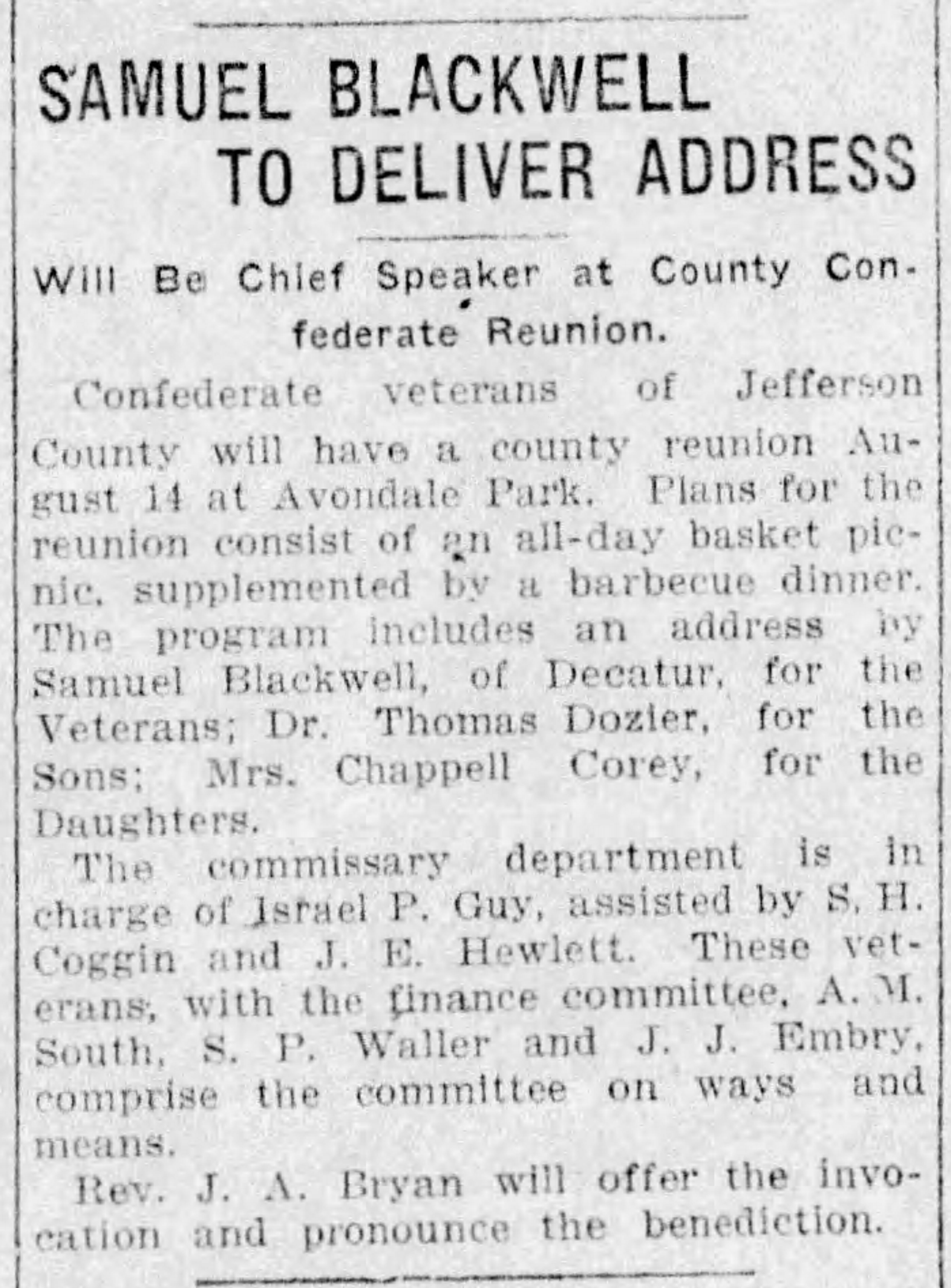 Samuel Blackwell To Deliver Address